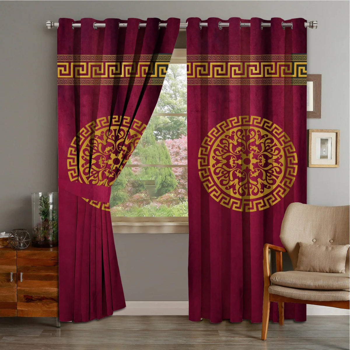 2 PIECE OF PREMIUM VELVET CURTAINS WITH 2 BELTS (RED&GOLD) (0028)