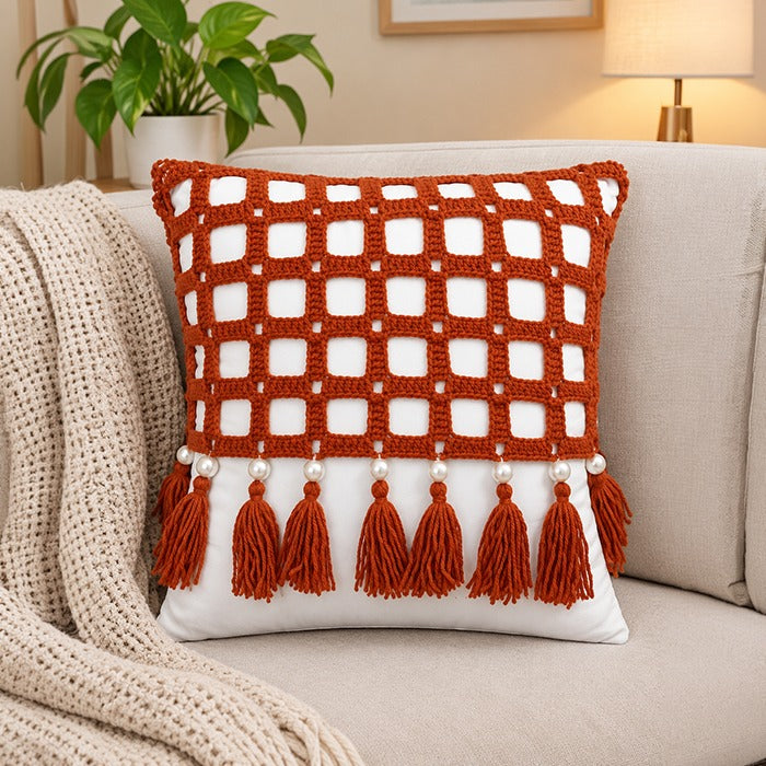 Handmade Pearl Tassel Crochet Cushion