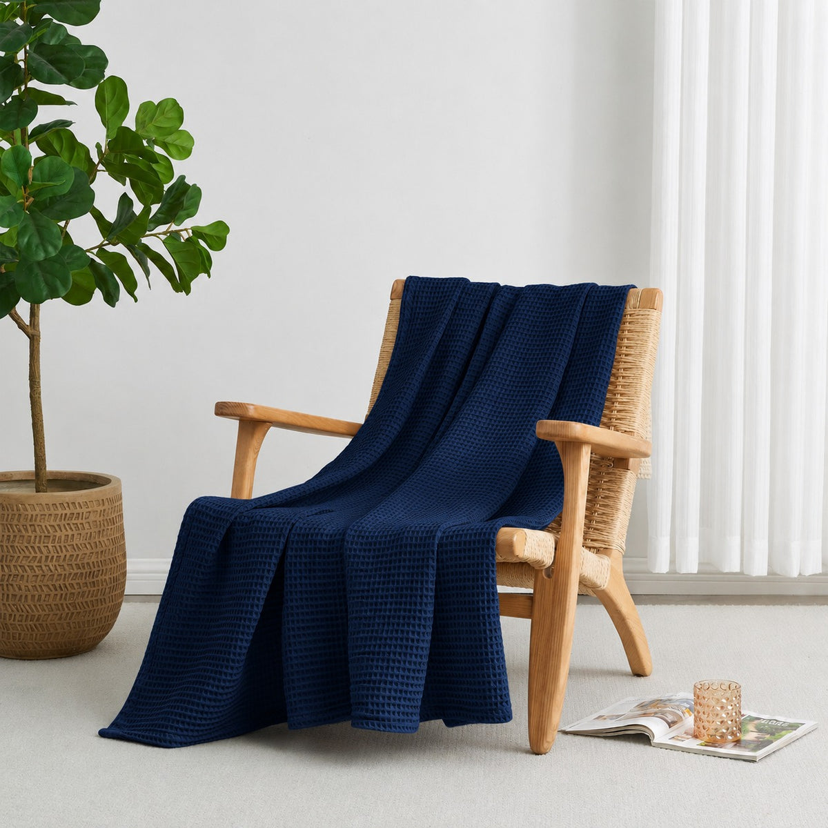 Cotton Waffle Blanket - Navy Blue