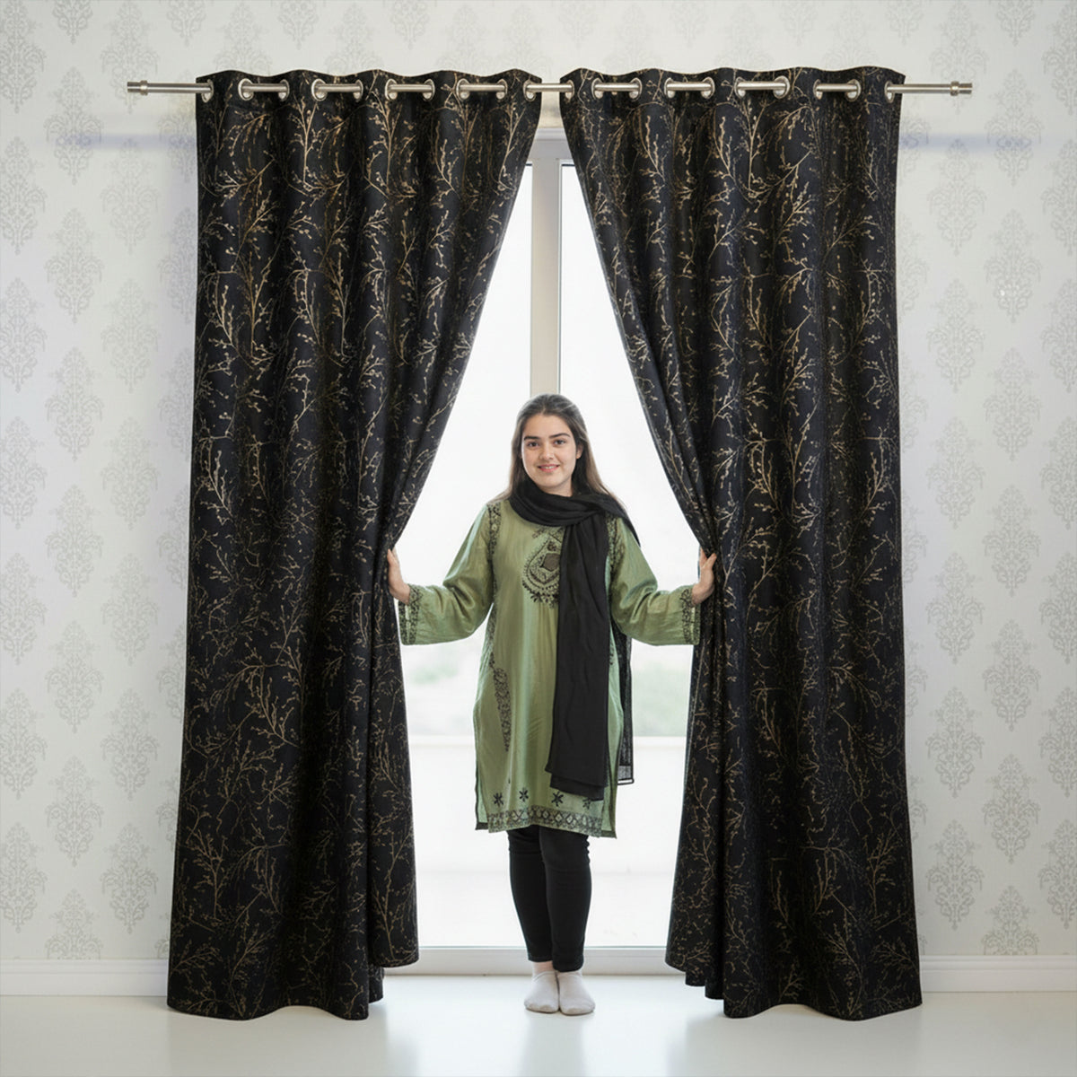 2 PCS PREMIUM QUALITY TEXTURE VELVET CURTAINS - Black