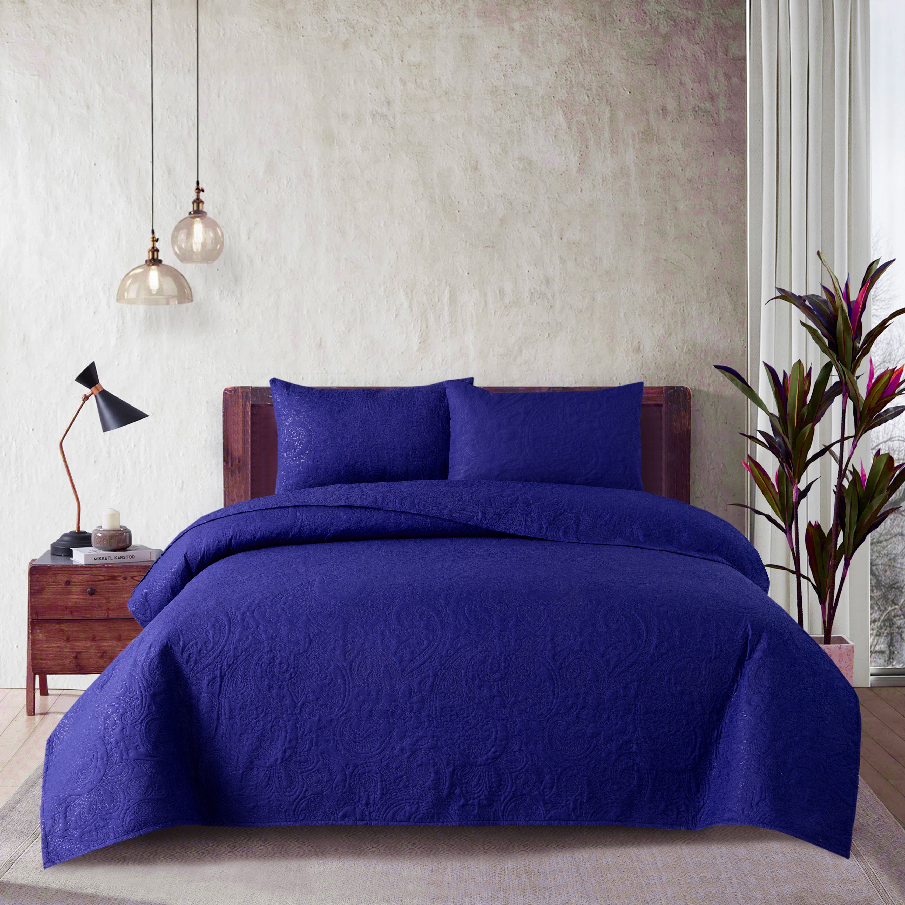 New Design 3 Pcs Ultrasonic Bedspread - Navy Blue