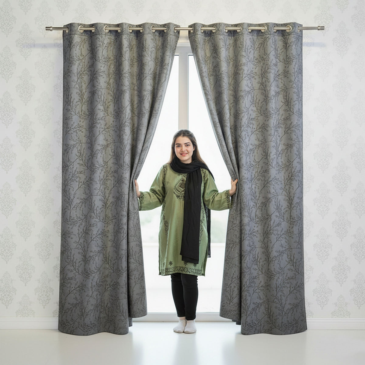 2 PCS PREMIUM QUALITY TEXTURE VELVET CURTAINS - GREY
