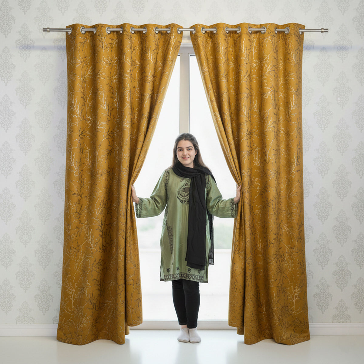 2 PCS PREMIUM QUALITY TEXTURE VELVET CURTAINS -Musted