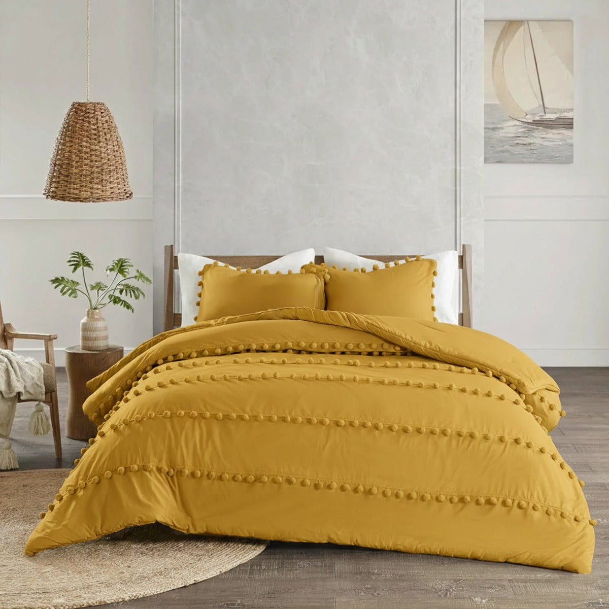 6 Pcs Luxury Duvet Set With Pom Pom Lace - Mustard (306)